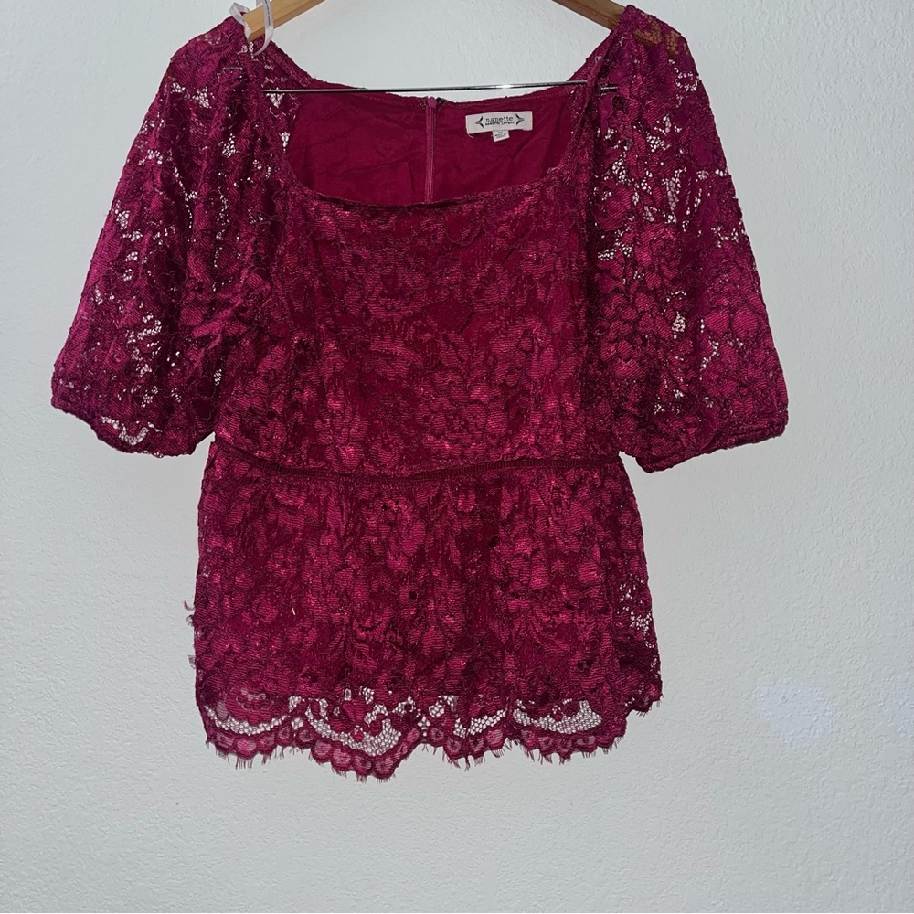 Nanette Lepore Red Lace Blouse with Puffed Sleeves